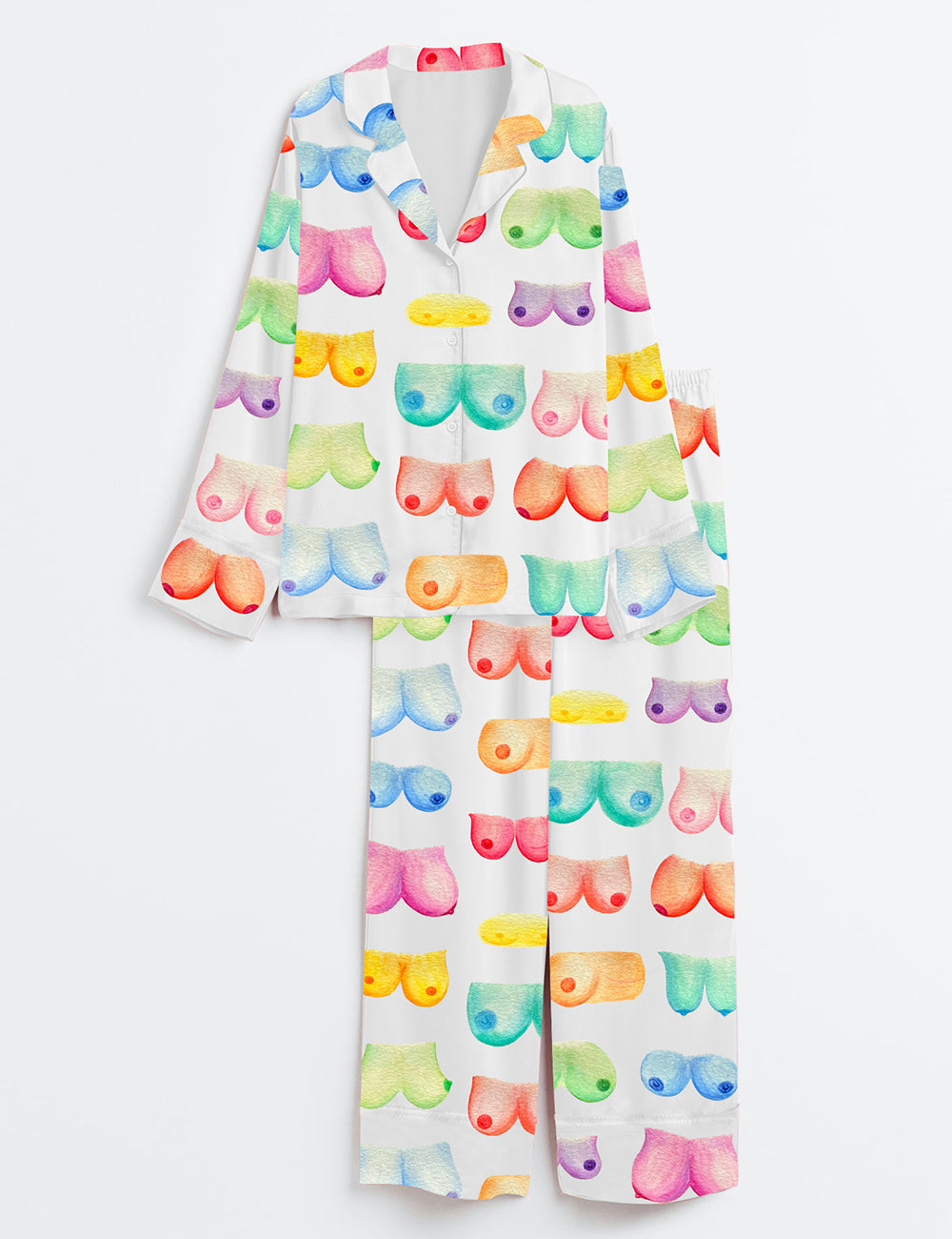 Women’s Breast Art Breast Cancer Awareness Body Positivity Watercolor Print Long Sleeve Satin Pajama Set