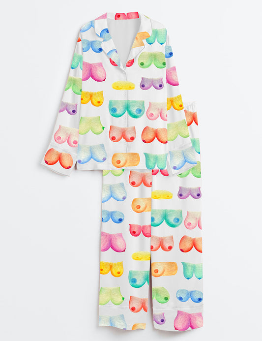 Women’s Breast Art Breast Cancer Awareness Body Positivity Watercolor Print Long Sleeve Satin Pajama Set