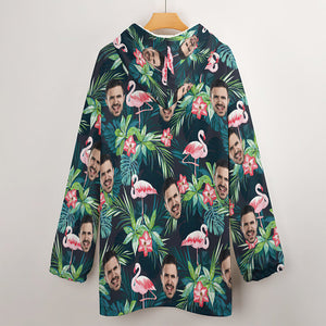 Custom Face Adult Unisex Blanket Hoodie Personalized Blanket Pajama Gift Hawaiian Flamingos