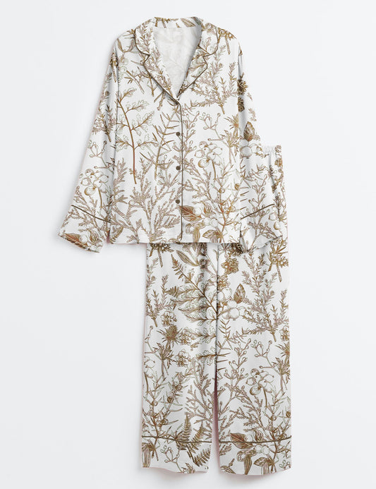 Women’s Sage Garden Brown Kapok Floral Plant Long Sleeve Satin Pajama Set