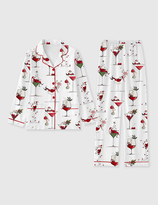 Women's Santa Claus Christmas Cocktail Holiday Long Sleeve Pocket Cotton Pajama Set