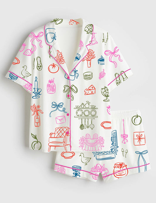 Women’s Cottagecore Cozy Countryside Farmhouse Aesthetic And Whimsical Wedding Prints Short Sleeve Satin Pajama Set