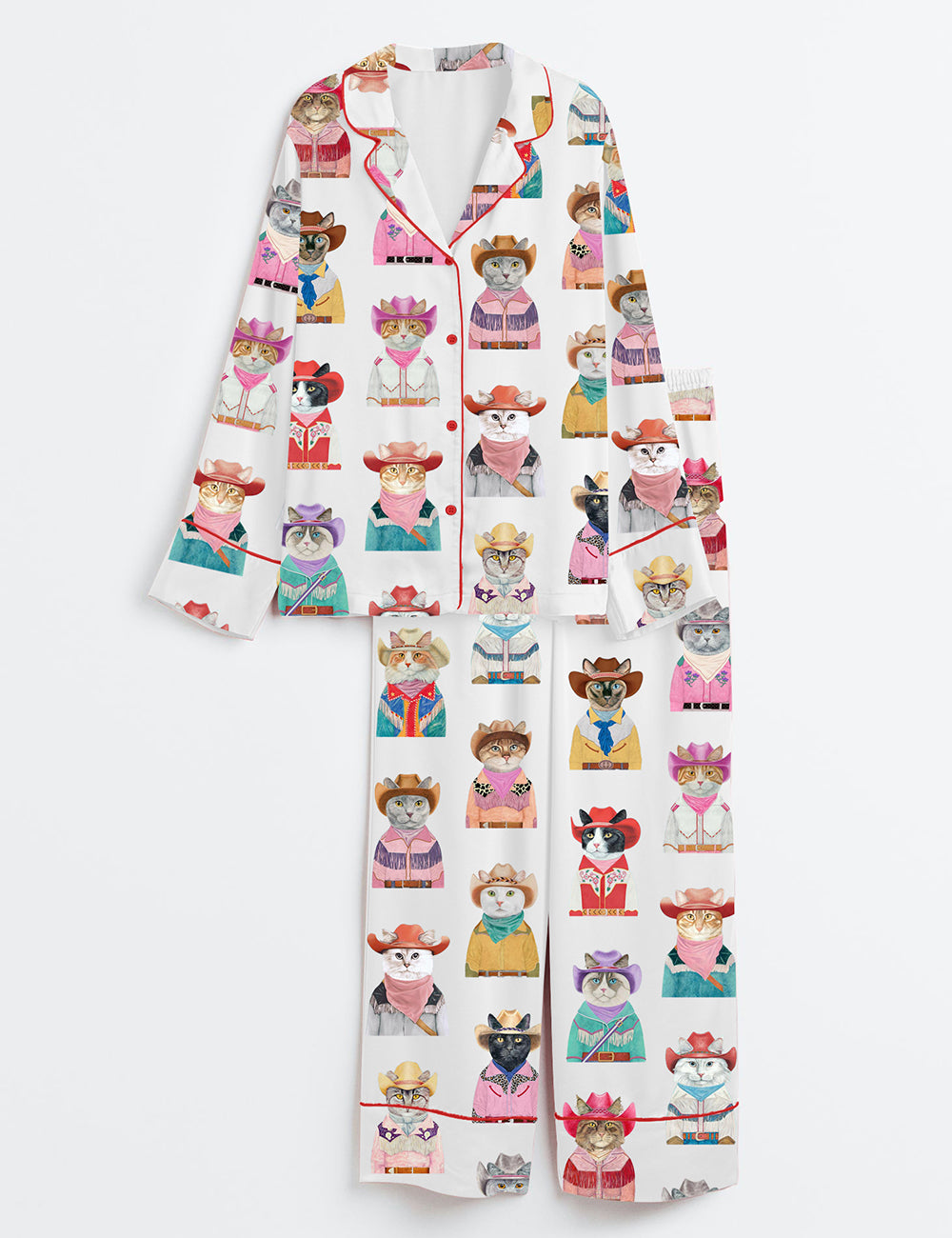 Women’s Western Cowboy Cats Cat Lovers Long Sleeve Satin Pajama Set