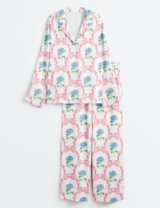 Women’s Blue Hydrangea Pink Ribbon Watercolor Girls Preppy Grandmillenial Delicate Print Long Sleeve Satin Pajama Set