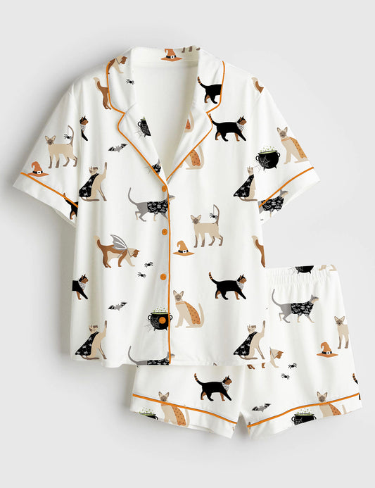 Women’s Halloween Cat Party Short Sleeve Satin Pajama Set