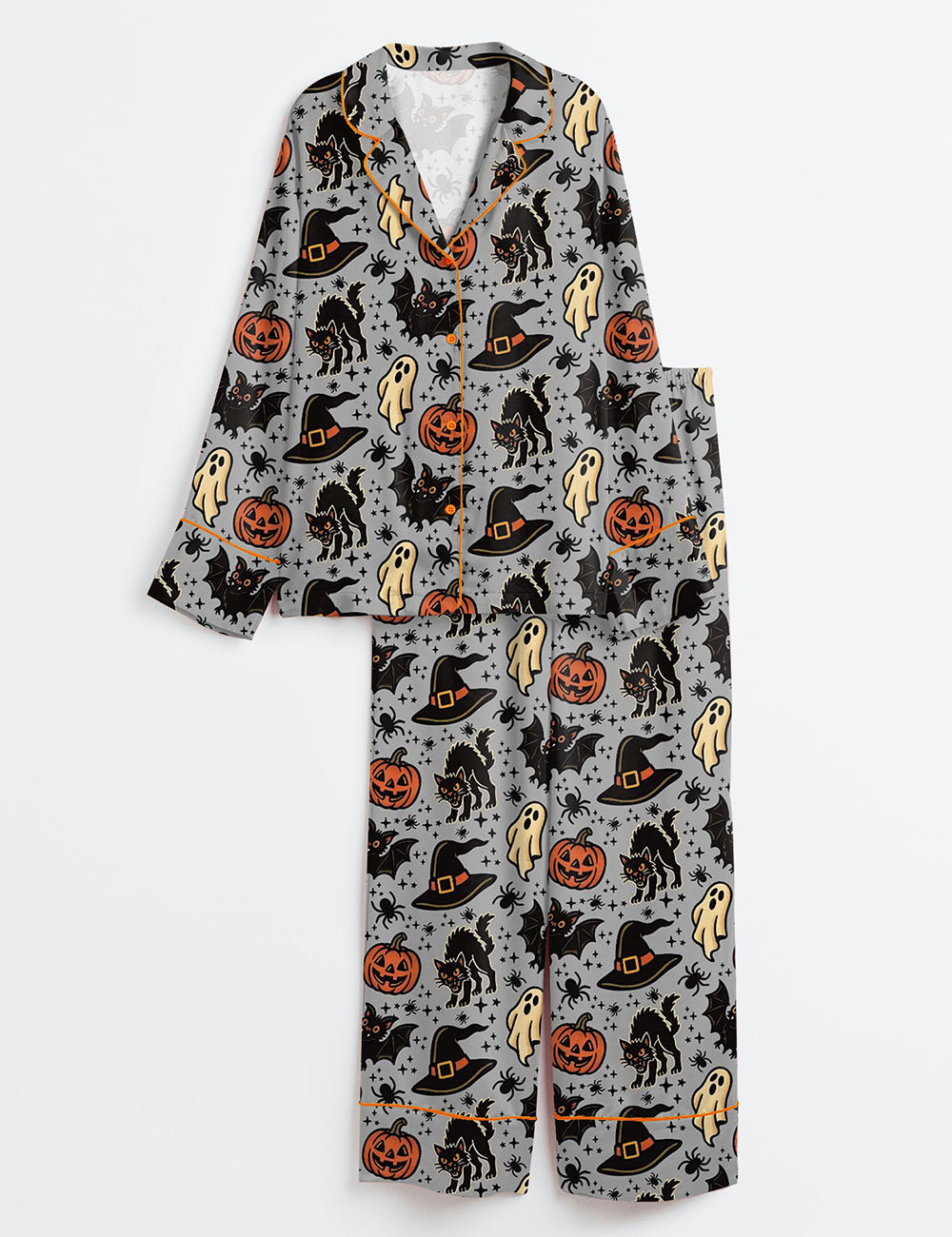 Women’s Halloween Spooky Ghosts Bats Cats Pumpkins Witch Long Sleeve Satin Pajama Set