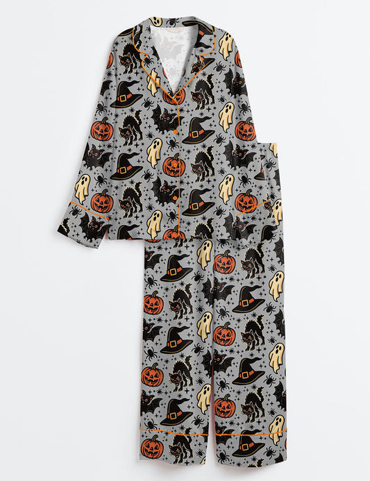 Women’s Halloween Spooky Ghosts Bats Cats Pumpkins Witch Long Sleeve Satin Pajama Set