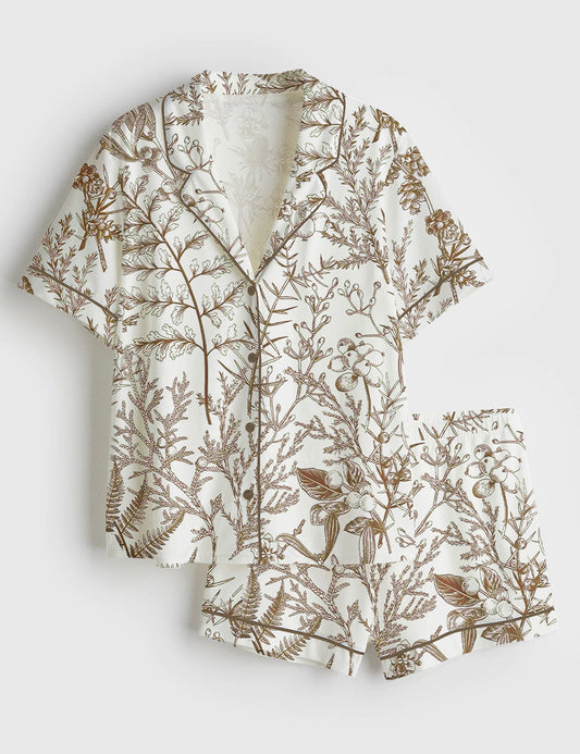Women’s Sage Garden Brown Kapok Floral Plant Short Sleeve Satin Pajama Set