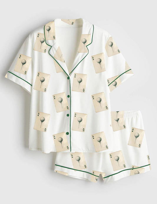 Women’s Vintage Golf Card Deck Retro Golf Club Art Print Short Sleeve Satin Pajama Set