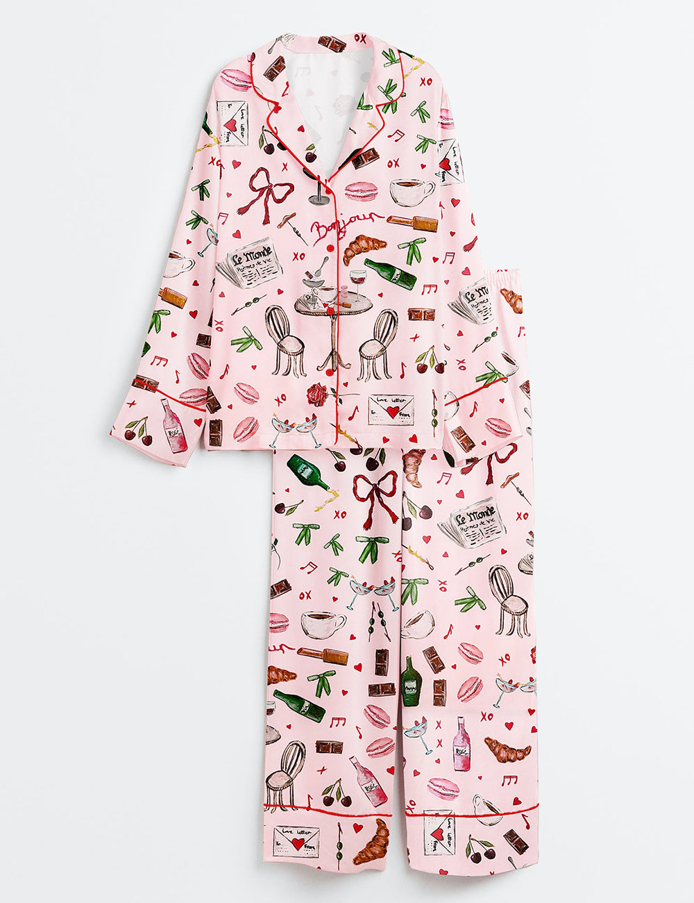 Women's Bonjour Print Long Sleeve Satin Pajama Set