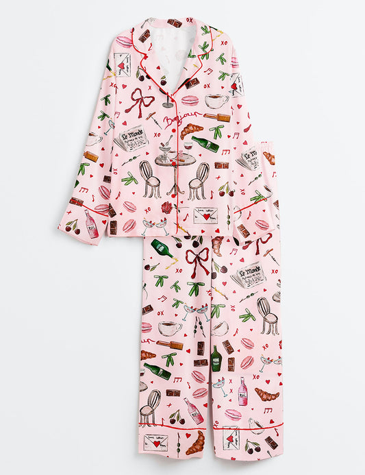 Women's Bonjour Print Long Sleeve Satin Pajama Set