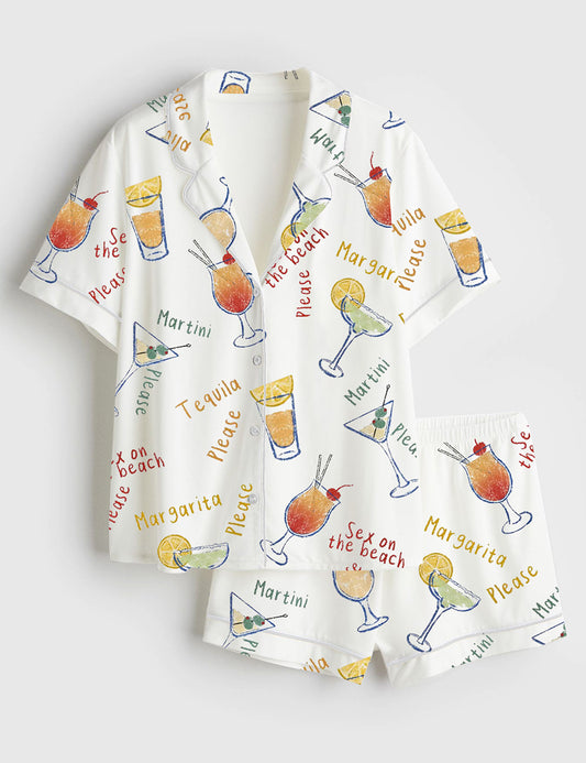 Women’s Summer Beach Cocktails Martini Tequila Margarita Please Adult Humor Print Short Sleeve Satin Pajama Set