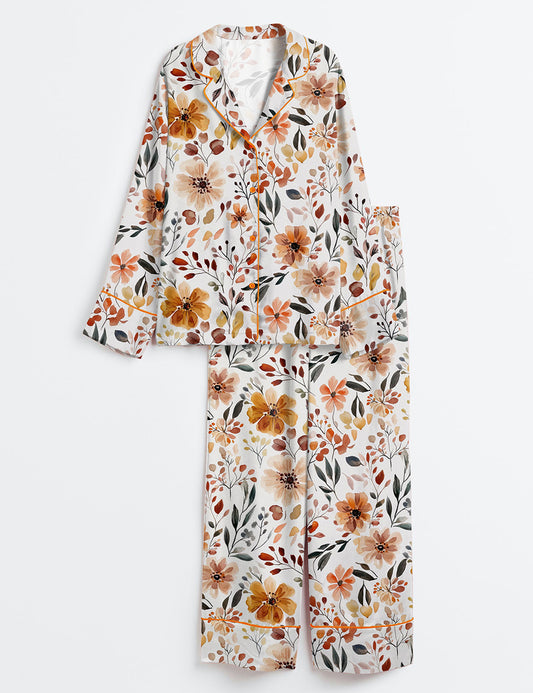 Women’s Fall Cottagecore Flower Field Long Sleeve Satin Pajama Set