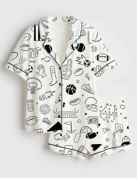 Women’s Hand Drawn Sport Football Basketball Baseball Soccer Doodles Short Sleeve Satin Pajama Set
