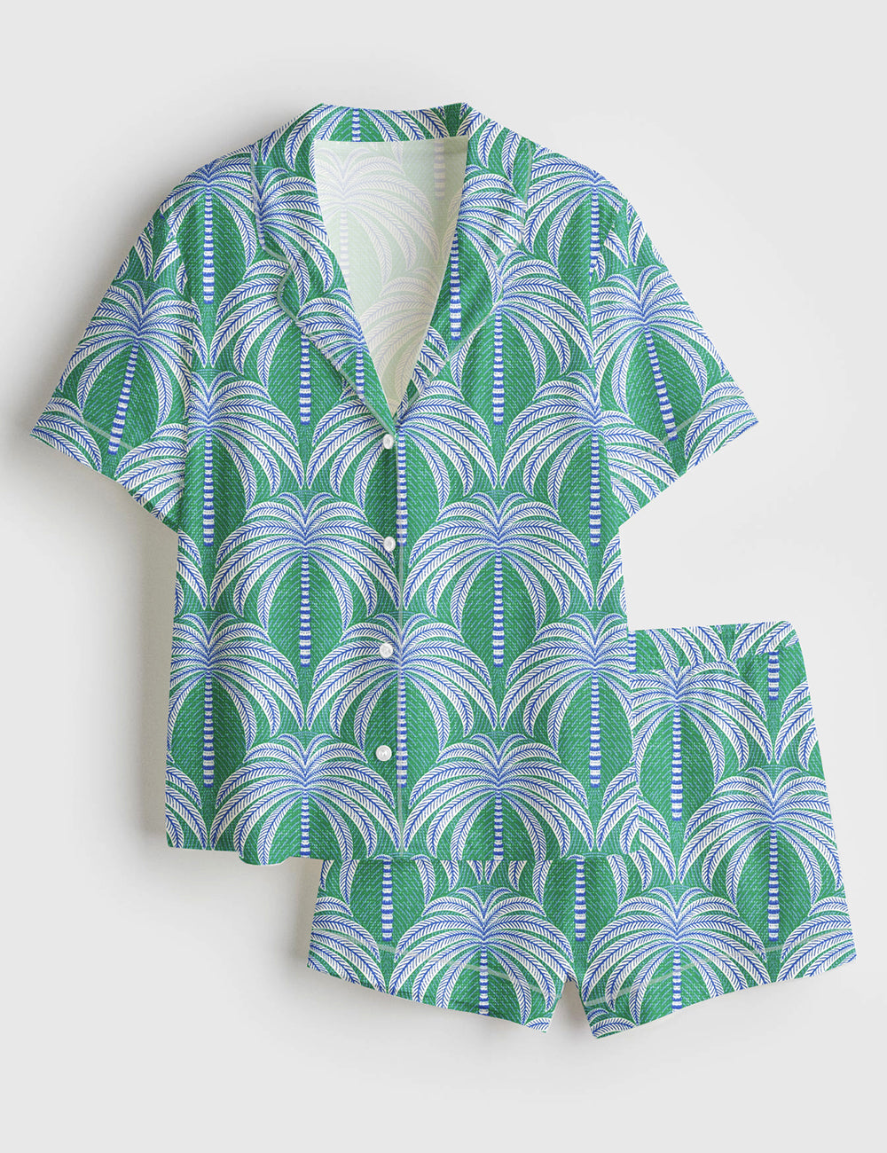 Women’s Palm Trees Green Springs Palm Summer Beach Layered Palm Print Short Sleeve Satin Pajama Set