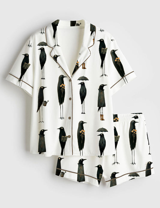 Women’s Whimsical Crows Quirky Black Raven Birding F-Caw-F Short Sleeve Satin Pajama Set