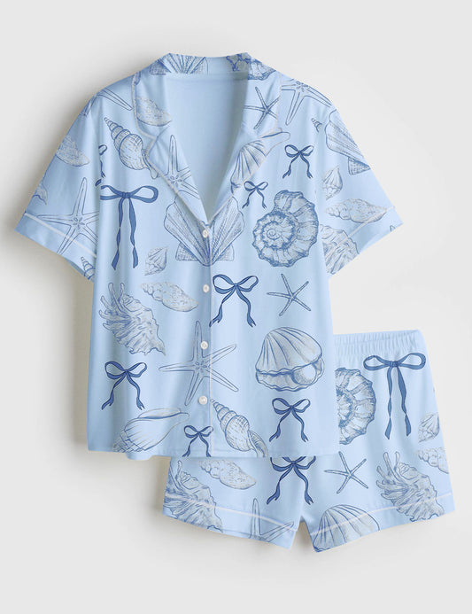 Women’s Coquette Seashell Beach Coastal Summer Vibes Bachelorette Short Sleeve Satin Pajama Set