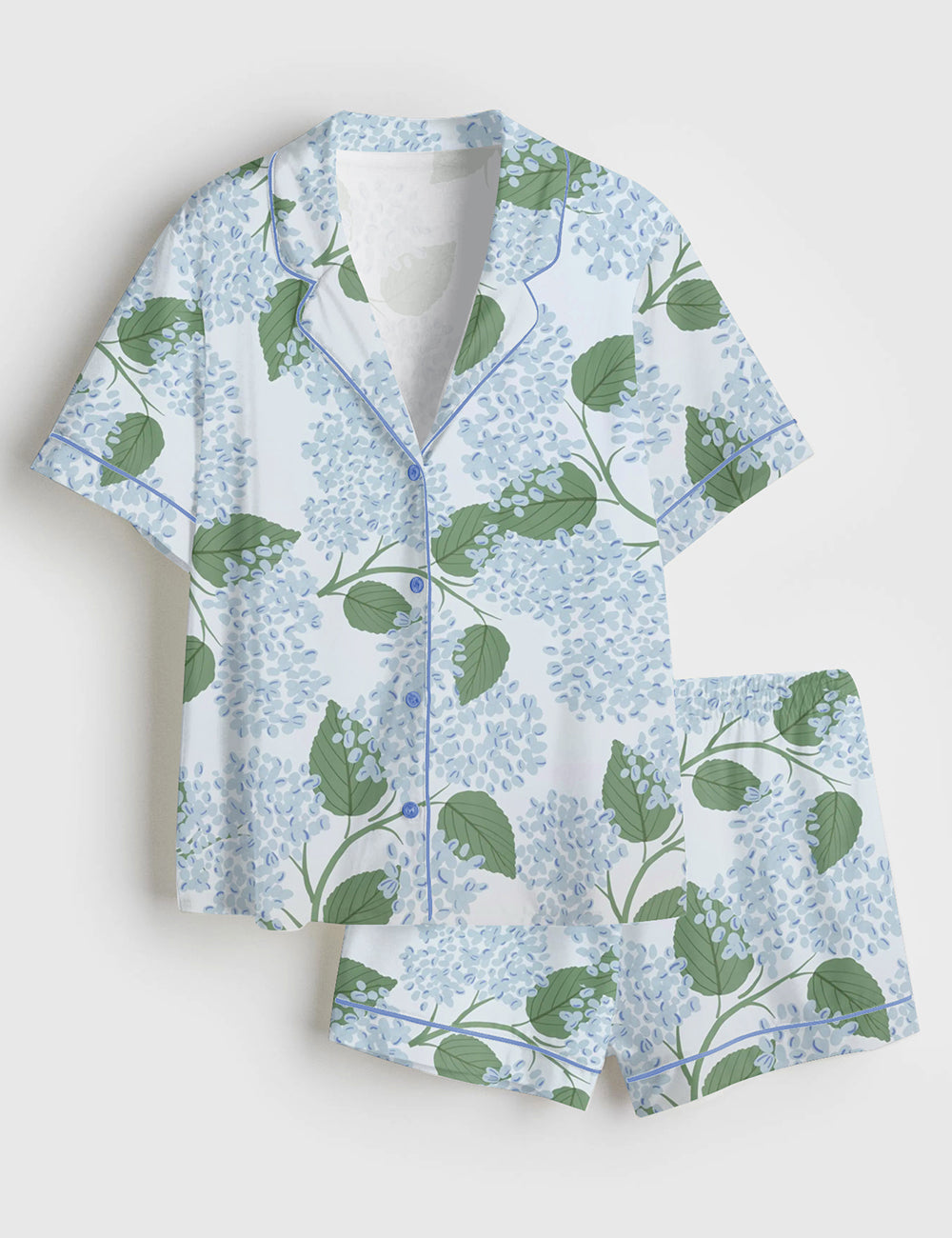 Women’s Light Blue Hydrangea Flowers Grandmillennial Coastal Wedding Party Print Short Sleeve Satin Pajama Set