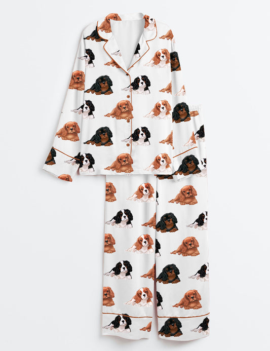 Women’s Cavalier King Charles Spaniel Dog Long Sleeve Satin Pajama Set