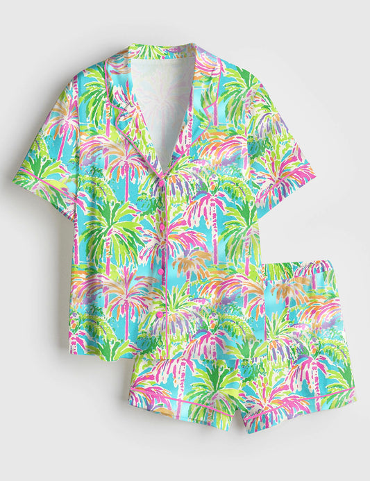 Women’s Preppy Palm Tree Tropical Bright Island Beach Short Sleeve Satin Pajama Set