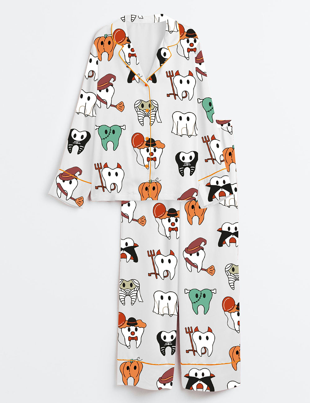 Women’s Halloween Funny Teeth Spooky Dentist Dental Hygiene Long Sleeve Satin Pajama Set