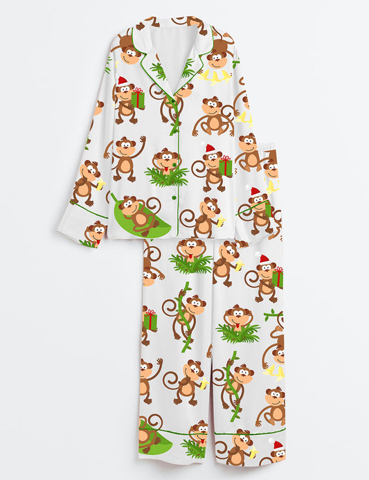 Women's Monkeys Long Sleeve Satin Pajama Set