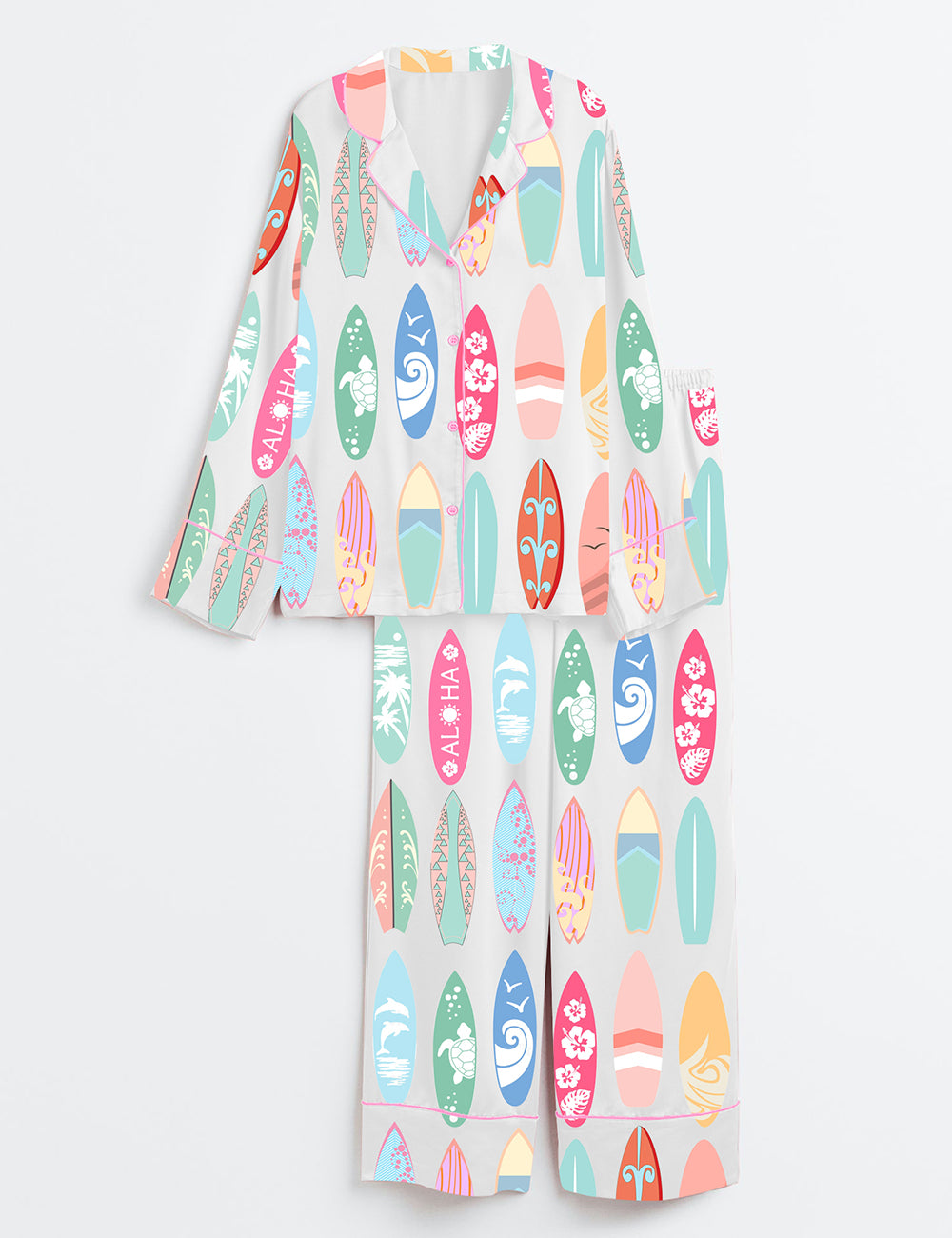 Women’s Surfboard Ocean Wave Summer Beach Sports Surfer Woman Print Long Sleeve Satin Pajama Set