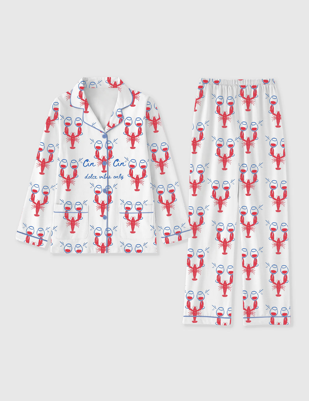 Women's Fisherman Aesthetic Dalce Vibes Coastal Lobster Ocean Italian Girl Travel Wine Champagne Long Sleeve Pocket Cotton Pajama Set
