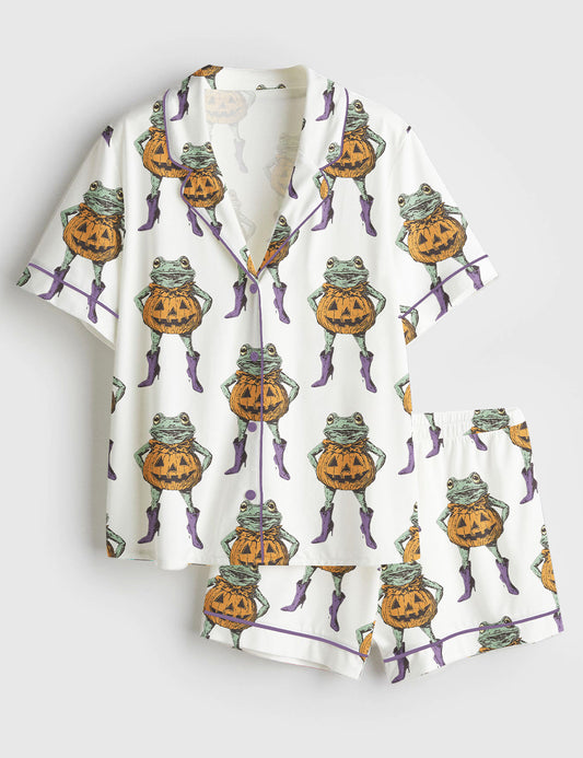 Women’s Frog In Pumpkin Costume Halloween Short Sleeve Satin Pajama Set