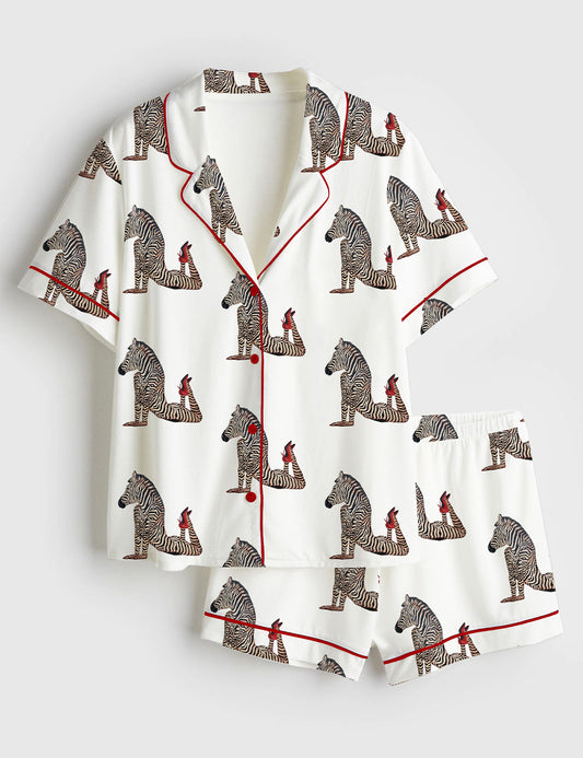 Women’s Zebra Wearing Red High Heels Short Sleeve Satin Pajama Set