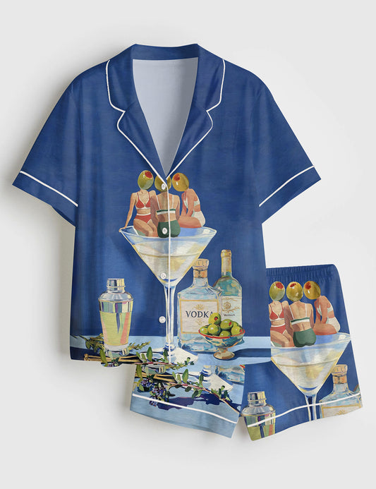 Women’s Vintage Dirty Martini Bar Retro Cocktail Print Short Sleeve Satin Pajama Set