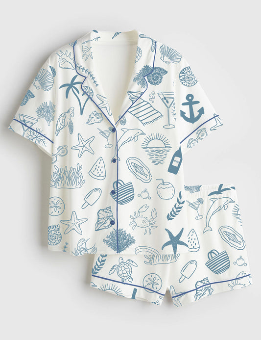 Women’s Coastal Beach Ocean Shark Summer Nautical Short Sleeve Satin Pajama Set