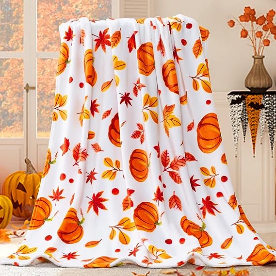 Inhand Fall Throw Blanket, Halloween Pumpkin Autumn Plush Fall Decor Fleece Fuzzy Picnic Throw Blanket for Couch Sofa Chairs, Cute Holiday Orange Leaf Blankets and Throws for Home
