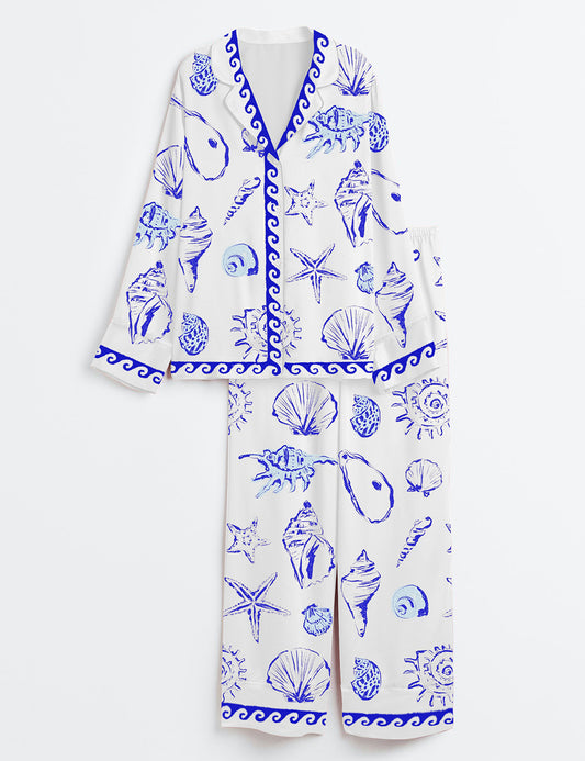 Women’s Sea Summer Seashell Coastal Summer Beach Long Sleeve Satin Pajama Set