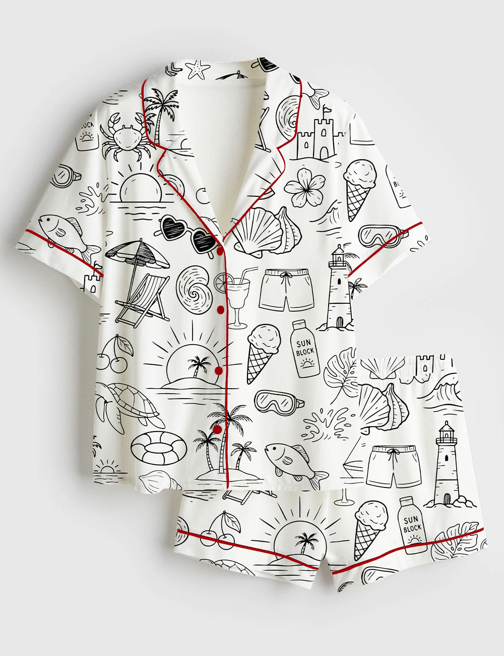 Women’s Summer Beach Coastal Handrawn Ocean Summer Beach Life Print Short Sleeve Satin Pajama Set