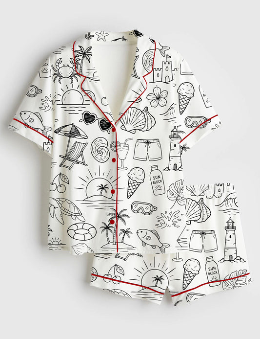 Women’s Summer Beach Coastal Handrawn Ocean Summer Beach Life Print Short Sleeve Satin Pajama Set