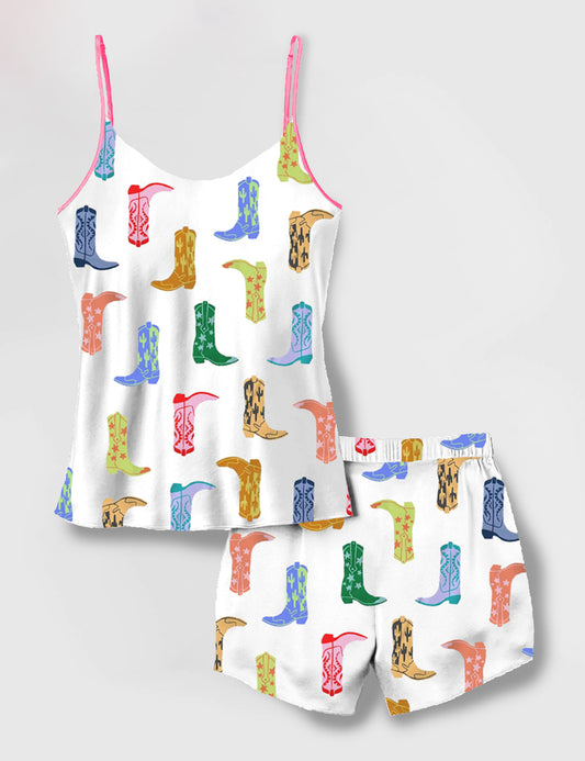 Women's Colorful Cowboy Boot Camisole Satin Pajama Set