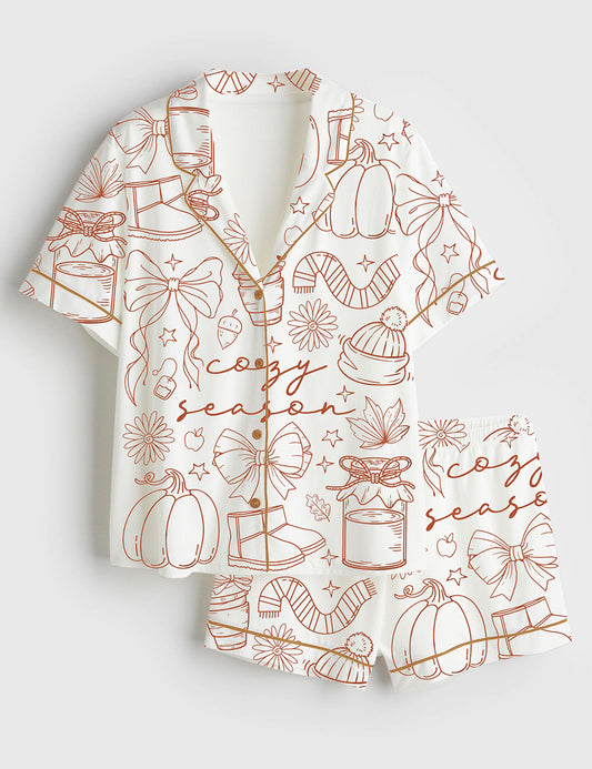 Women’s Cozy Season Fall Vibes Fall Pumpkin Autumn Season Short Sleeve Satin Pajama Set