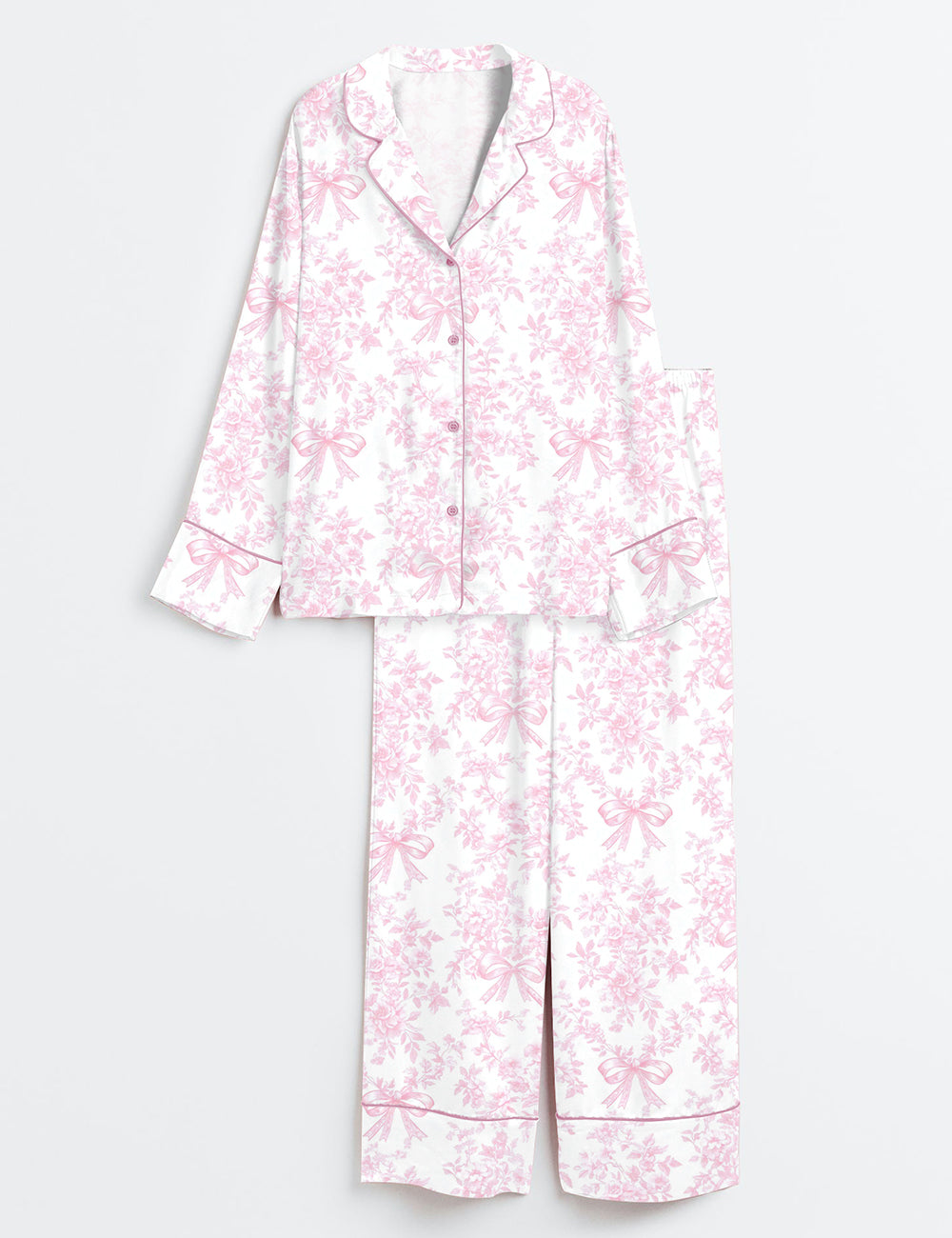 Women’s Pink Toile De Jouy Coquette Vintage Bow Floral Long Sleeve Satin Pajama Set