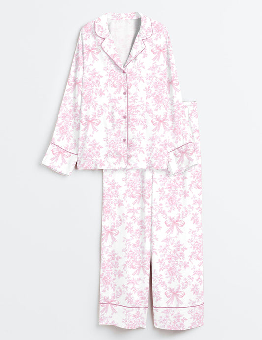 Women’s Pink Toile De Jouy Coquette Vintage Bow Floral Long Sleeve Satin Pajama Set