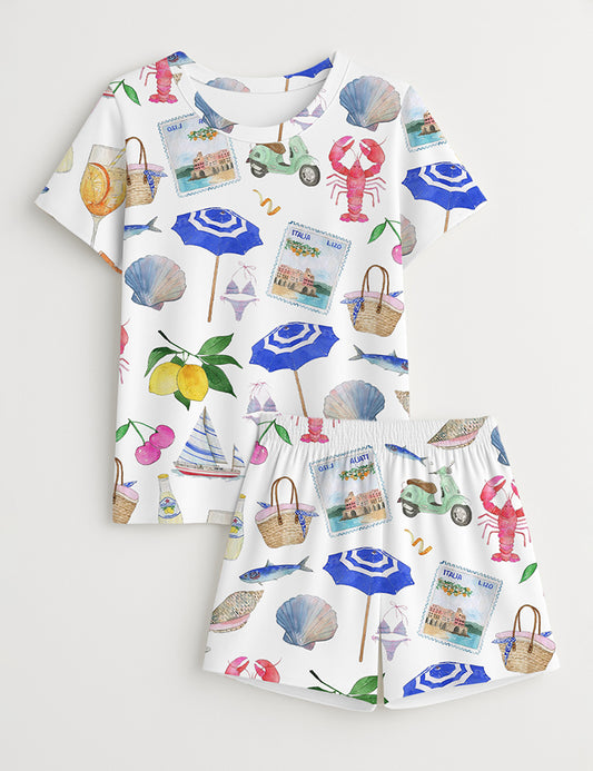 Women’s Amalfi Coast Italian Summer Coastal Beach Bachelorette Beach Summer Whimsical Travel Short Sleeve Pajama Set