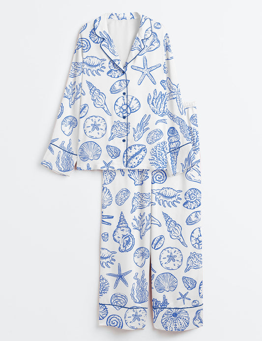 Women’s Seashells And Coastal Treasures Seaside Ocean Shell Long Sleeve Satin Pajama Set