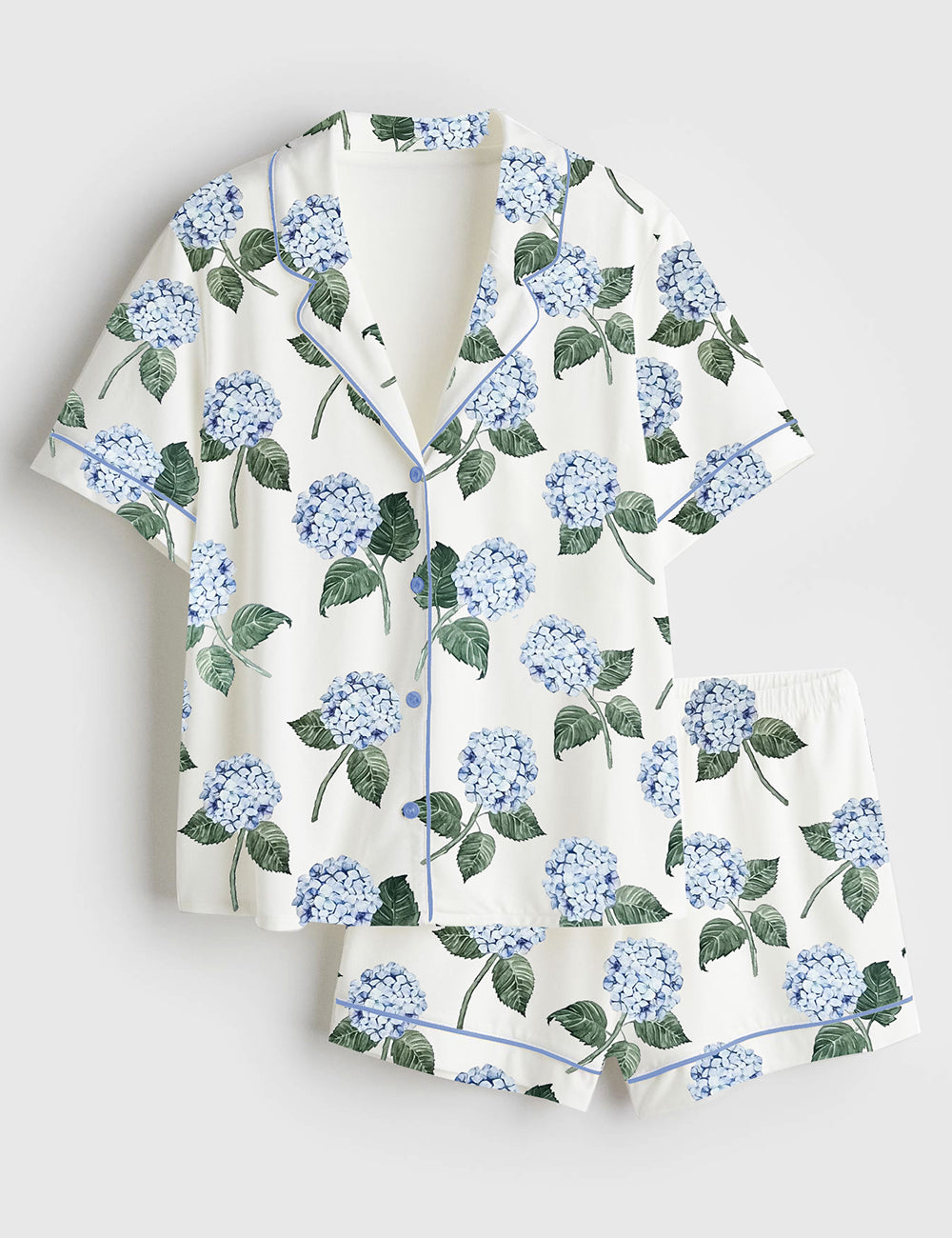 Women’s Hydrangea Bloom Blue Hydrangea Watercolor Flower Print Short Sleeve Satin Pajama Set