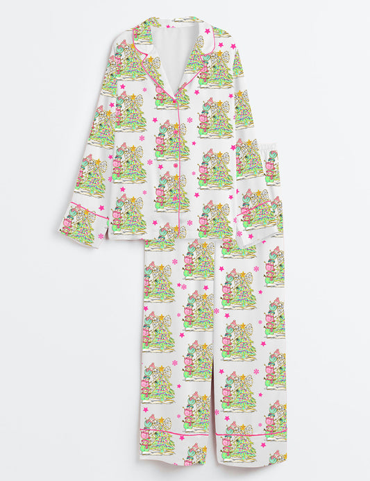 Women’s Colorful Coquette Glitter Christmas Snowman Long Sleeve Satin Pajama Set