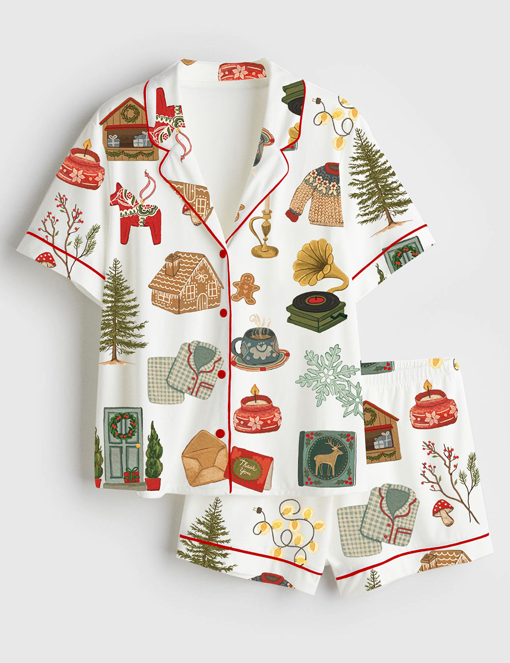 Women’s Christmas Lights Cookies Winter Sweater Elk Snowflakes Hot Cocoa Christmas Decorations Christmas Trees Gifts Short Sleeve Satin Pajama Set