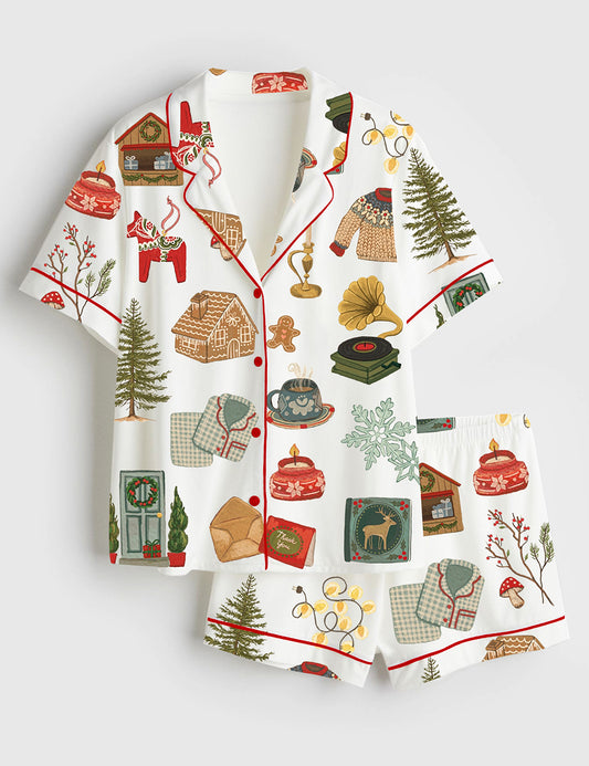 Women’s Christmas Lights Cookies Winter Sweater Elk Snowflakes Hot Cocoa Christmas Decorations Christmas Trees Gifts Short Sleeve Satin Pajama Set
