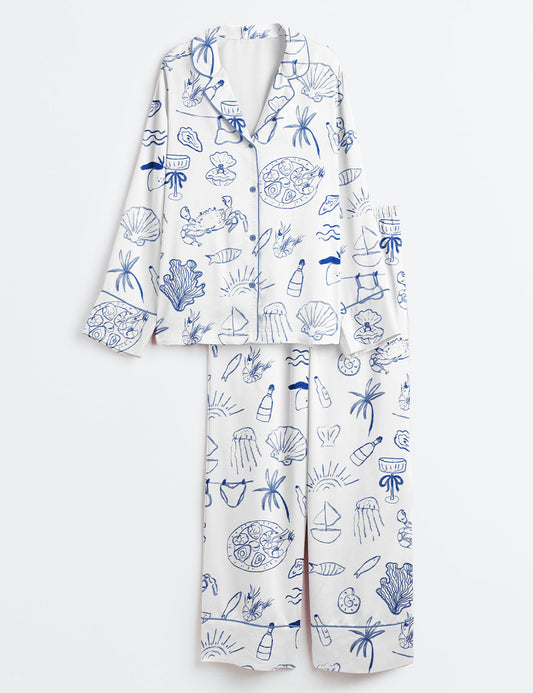 Women’s Hand Drawn Coastal Icon Summer Line Art Dolce Vita Amalfi Coast Print Long Sleeve Satin Pajama Set