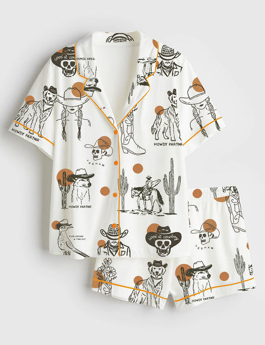 Women’s Western Cowboy Art Short Sleeve Satin Pajama Set