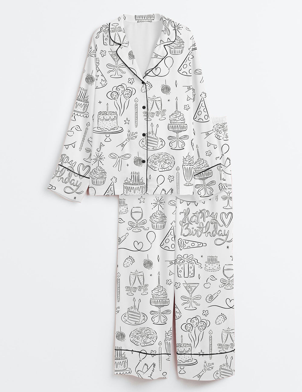 Women’s Whimsical Birthday Hand Drawn Birthday Illustrations Party Doodles Birthday Celebration Long Sleeve Satin Pajama Set