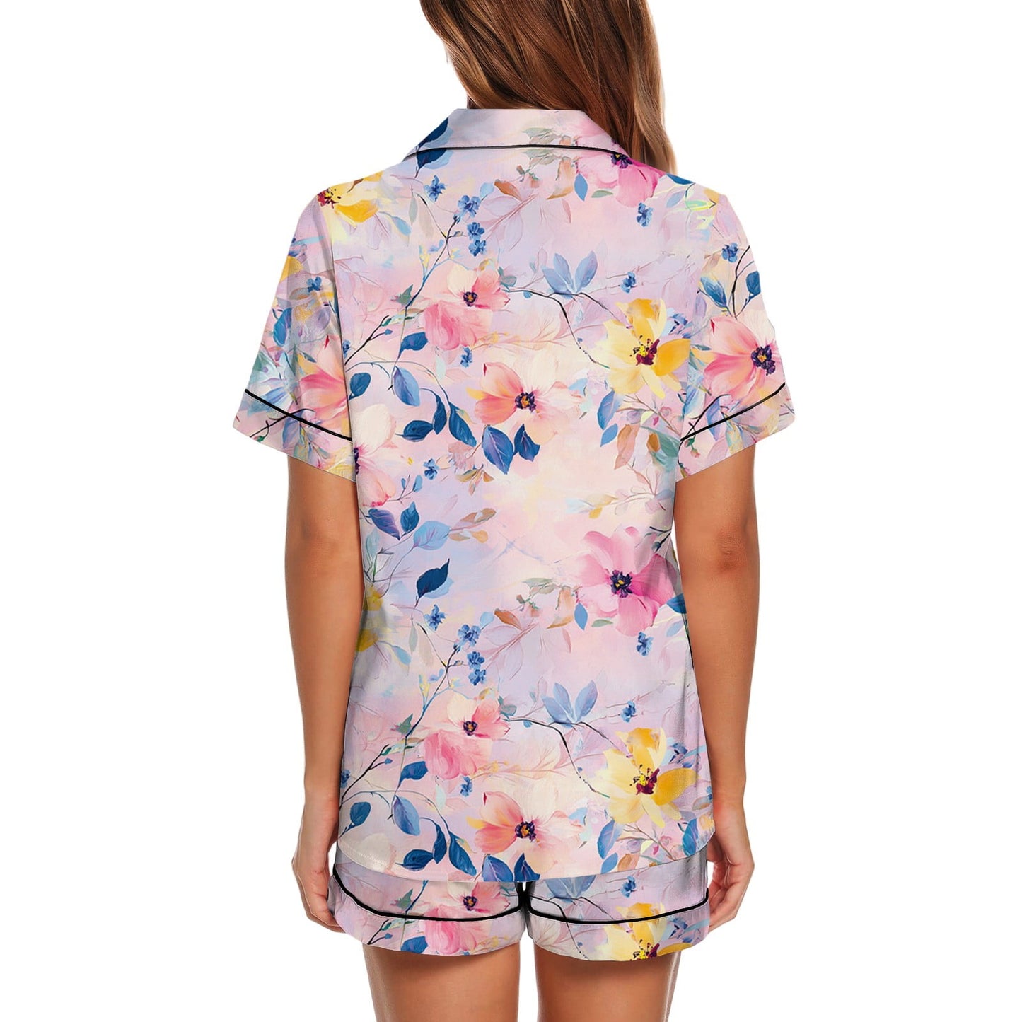 JULMCOMO Pj Sets for Woman Comfy Satin Silk Short Sleeve Sleepwear Button Up Lounge Sets Cute floral print 2 Piece Pjs Shorts Set Blue 2XL